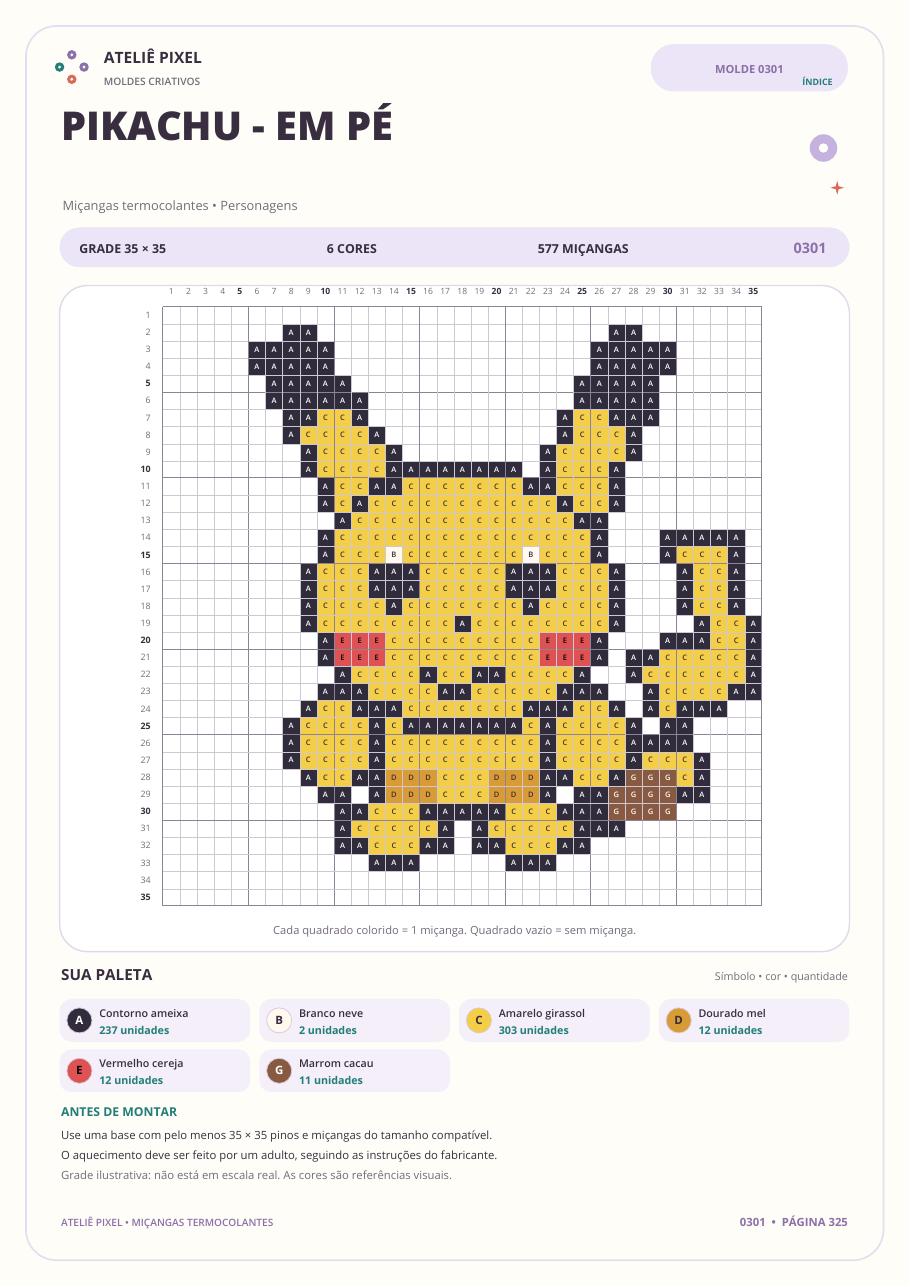 Página do material: Molde 0301 · Pikachu em pé