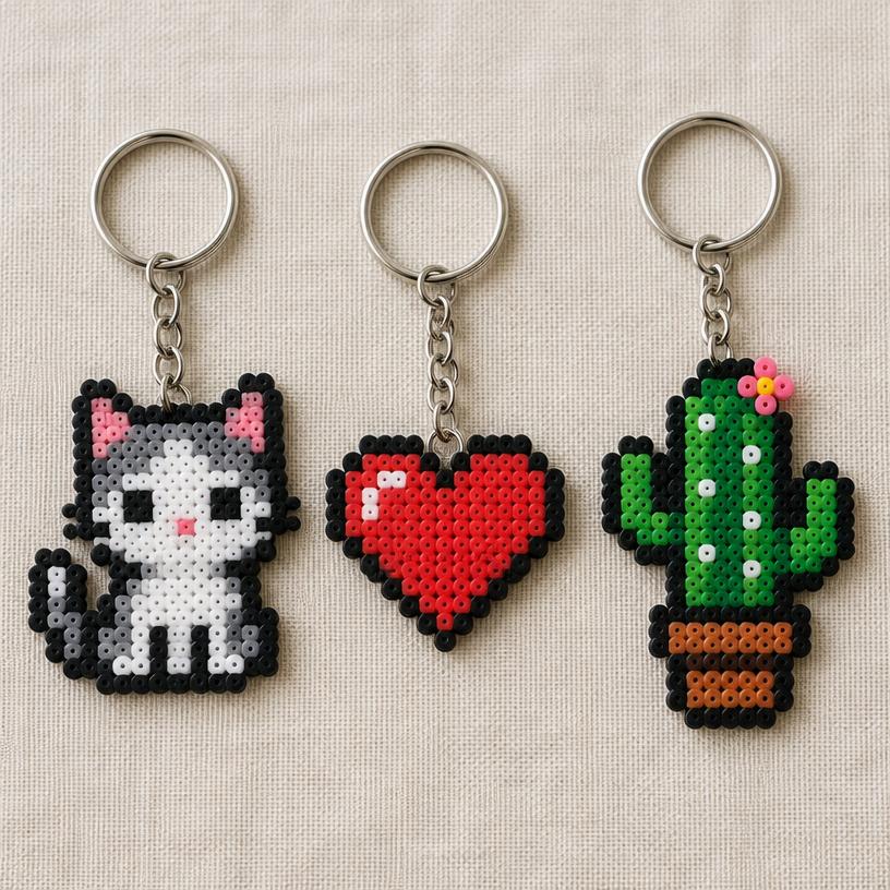 Exemplo ilustrativo de chaveiros em Hama Beads