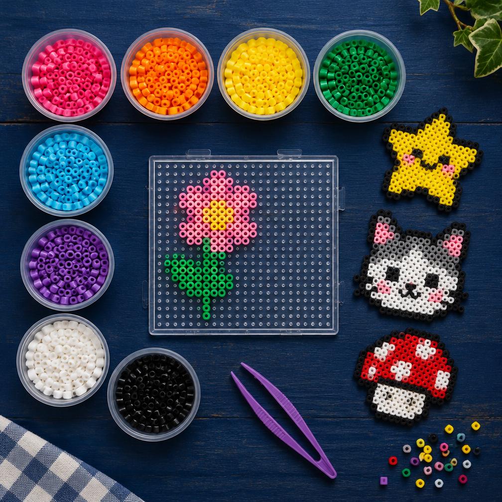 Potes de beads separados por cor, placa com flor em montagem e peças prontas de estrela, gato e cogumelo